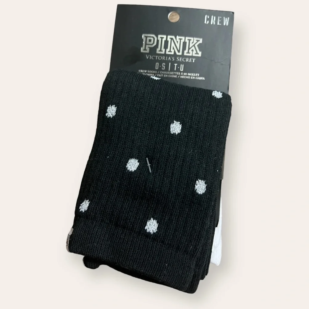 Victoria’s Secret PINK Crew Socks 2pk Black w Silver Dots, White